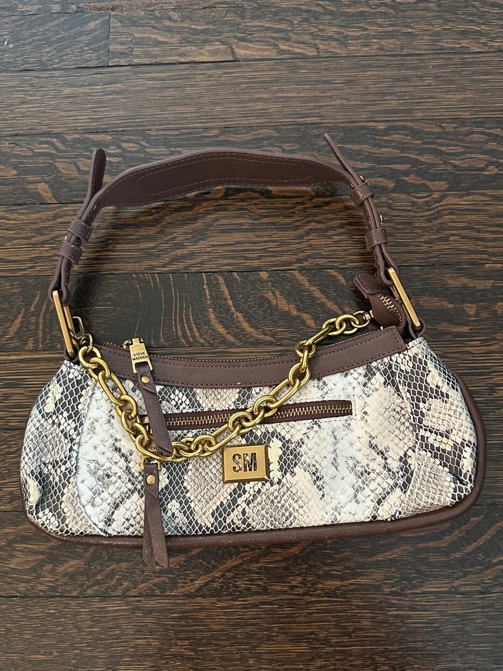 Steve Madden Snake-Print Shoulder Bag with Brown Trim and Gold Chain